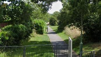 A footpath bordered by grassy area and trees and shrubs on either side. There is a lamppost and metal fencing.