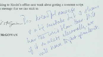 A close-up of Tony Blair's handwritten note calls Rhodri Morgan's words "dreadful nonsense, a big mistake," but "if it succeeds electorally, we will have to put up with it"