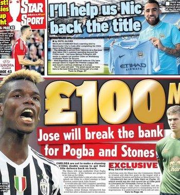 The Daily Star's back page claims Jose Mourinho is set to launch a double swoop for Pogba and Stones