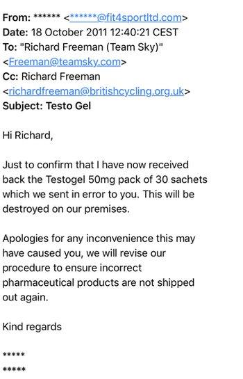 An email from a member of staff at Fit4Sport Limited to former British Cycling and Team Sky doctor Richard Freeman