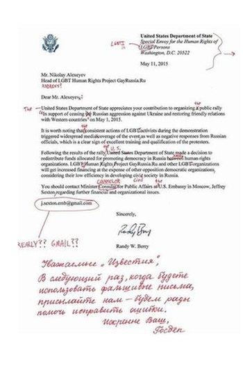 Letter published in Izvestia, with red markings from US State department correct mistakes