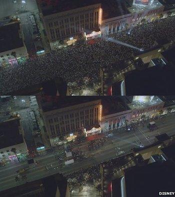 Computer-generated crowd on Hollywood Boulevard, and the shot before the effects were added