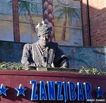 Statue above the former Zanzibar nightclub in Derby