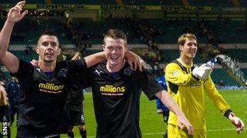 Morton players celebrate their Cup victory at Celtic Park