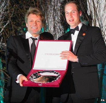 Duke of Cambridge presents Jon Bon Jovi with the Centrepoint Great Britain Youth Inspiration Award