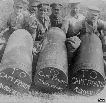 Artillery shells chalked with Fryatt's name