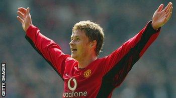 Ole Gunnar Solskjaer celebrates one of his 92 League goals for Manchester United.