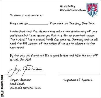 Jurgen Klinsmann tweeted this letter asking employers to excuse United States fans so they can watch the game against Germany