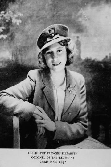 Black-and-white photo of Princess Elizabeth in a dark coat and cap with badge. The card contains the words: HRH The Princess Elizabeth, Colonel of the Regiment, Christmas 1942. 