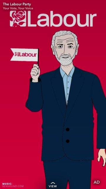 A picture of a cartoon Jeremy Corbyn holding a flag saying 'Labour'