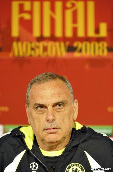 Avram Grant at a news conference before the 2008 Champions League final in Moscow.