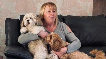 A woman in a grey jumper with blonde, shoulder-length hair holds on to two dogs while sitting on a black leather effect sofa