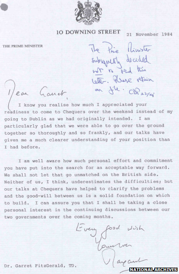 Letter written by Margaret Thatcher to Irish leader Garret FitzGerald that was never sent