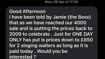 A screengrab of a text message advertising a cut price for two singing waiters.