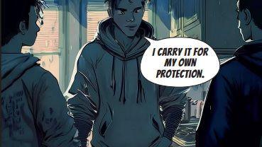 A comic shows a young man in a hoodie face two other men. A speech bubble has the words "I carry it for my own protection" written in it.