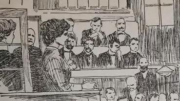 A court drawing of a woman sat on a chair and a jury of men sat in rows in the background