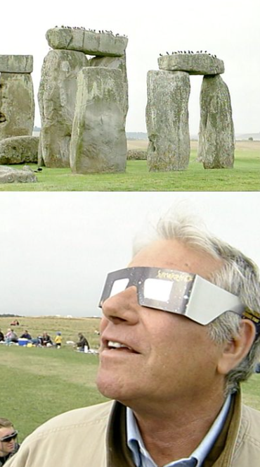 A split screen of Stonehenge and a man wearing protective glasses