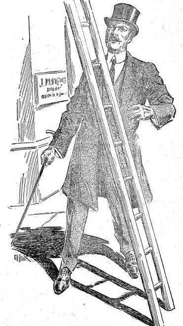 Old newspaper illustration showing a man in a top hat and frock coat attempting to go under a ladder that is significantly shorter than him