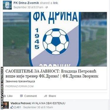 FK Drina Zvornik Facebook post