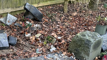 A series of scattered and damaged memorial stones