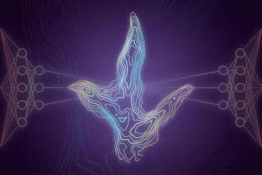 A dinosaur footprint glowing with blue and yellow relief lines showing how the AI analyses a dinosaur footprint.