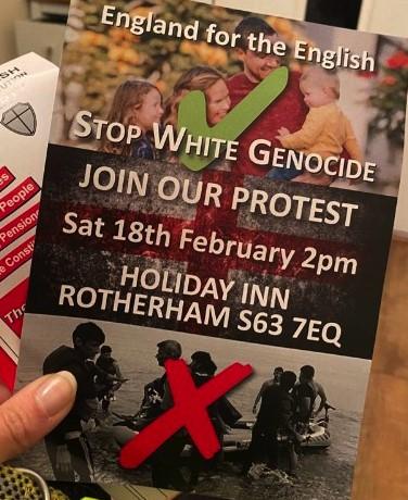 Leaflet from previous protest in Rotherham reading 'Stop White Genocide'