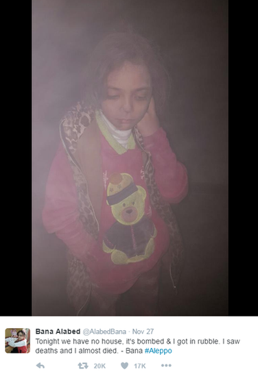 Tweet: "Tonight we have no house, it's bombed & I got in rubble. I saw deaths and I almost died. - Bana #Aleppo"