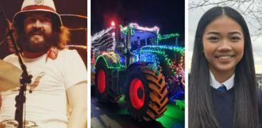 Three images in a composite - on the left is drummer John Bonham, in the middle a tractor decorated with Christmas lights and on the right Bea Ward, who is starring in major musical.