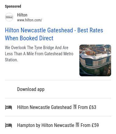 An online advertisement for the Hilton hotel group promises customers the "best rates" when they book directly, advertising rooms in Newcastle and Newcastle Gateshead for £59 and £63 respectively beneath a picture of a hotel. 