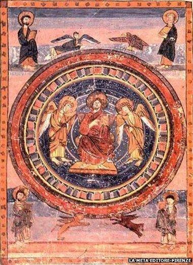 This plate from the Codex Amiatinus shows Christ seated in majesty with the four evangelists and their symbols in each corner