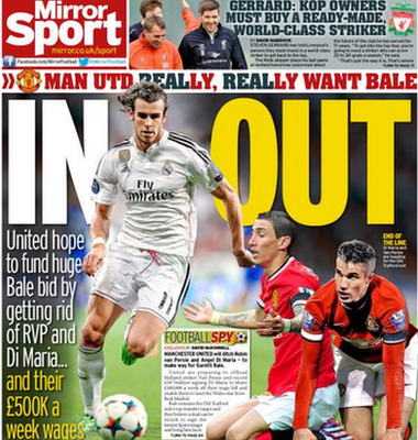 Manchester United's pursuit of Gareth Bale dominates the back page of Friday's Daily Mirror