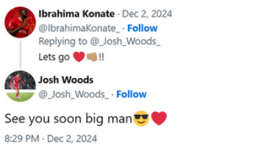 Liverpool defender Ibrahima Konate responds to a message from Josh on X after the Accrington forward wrote "dreams do come true" after the third round draw