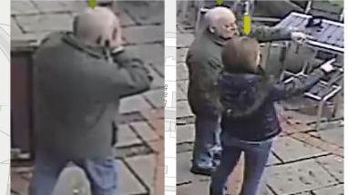 A side by side of two CCTV images capturing Sergei Skripal and his daughter Yulia Skripal in the streets of Salisbury. He is wearing blue jeans and a green coat. She is wearing dark blue skinny jeans and a padded jacket with a fur lined hood. 