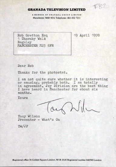 Tony Wilson letter to Rob Gretton