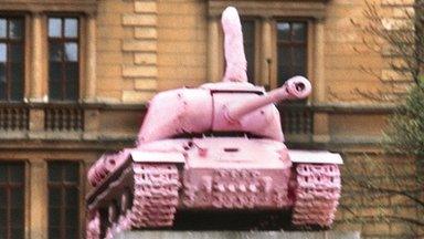 The Soviet tank monument in Prague, painted pink by David Cerny in 1991.