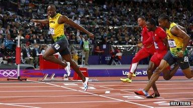 Usain Bolt winning the 100m men's final at the London Olympics