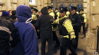 Loyalist protesters forced their way through the back gate of the City Hall