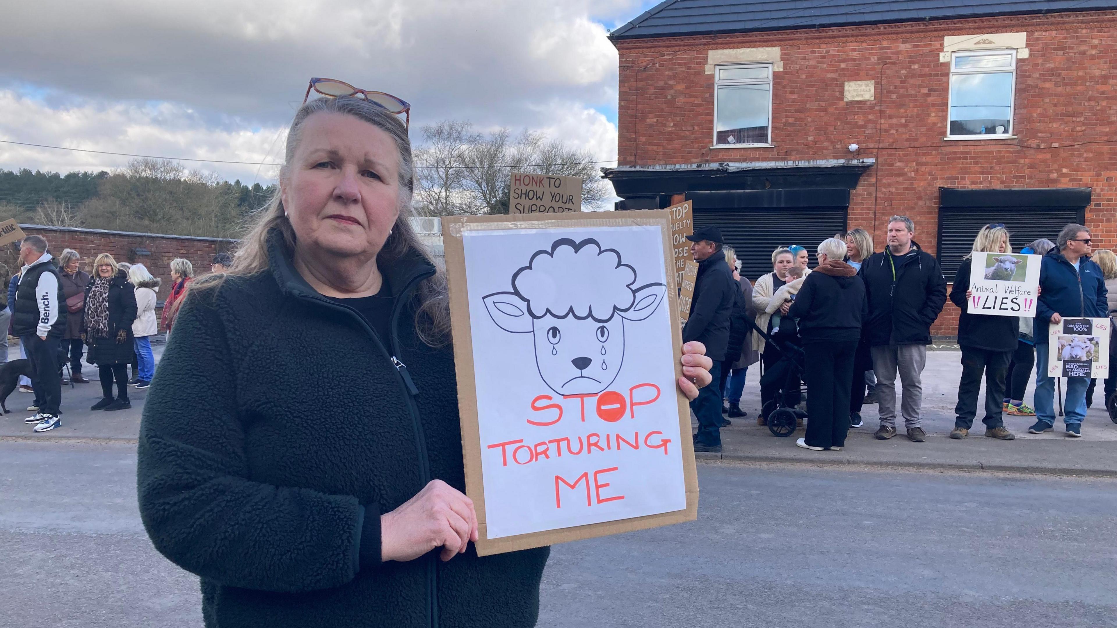 A woman with silver hair and sunglasses on her head holds up a cardboard sign with a white piece of paper on it. The paper features a cartoon drawing of a sheep's face as tears drop from its eyes. In orange letters are the words 'Stop torturing me' with the 'o' made to look like a stop sign. Crowds of protestors stand behind her, with some holding signs. They are all stood outside, with brick buildings behind them.