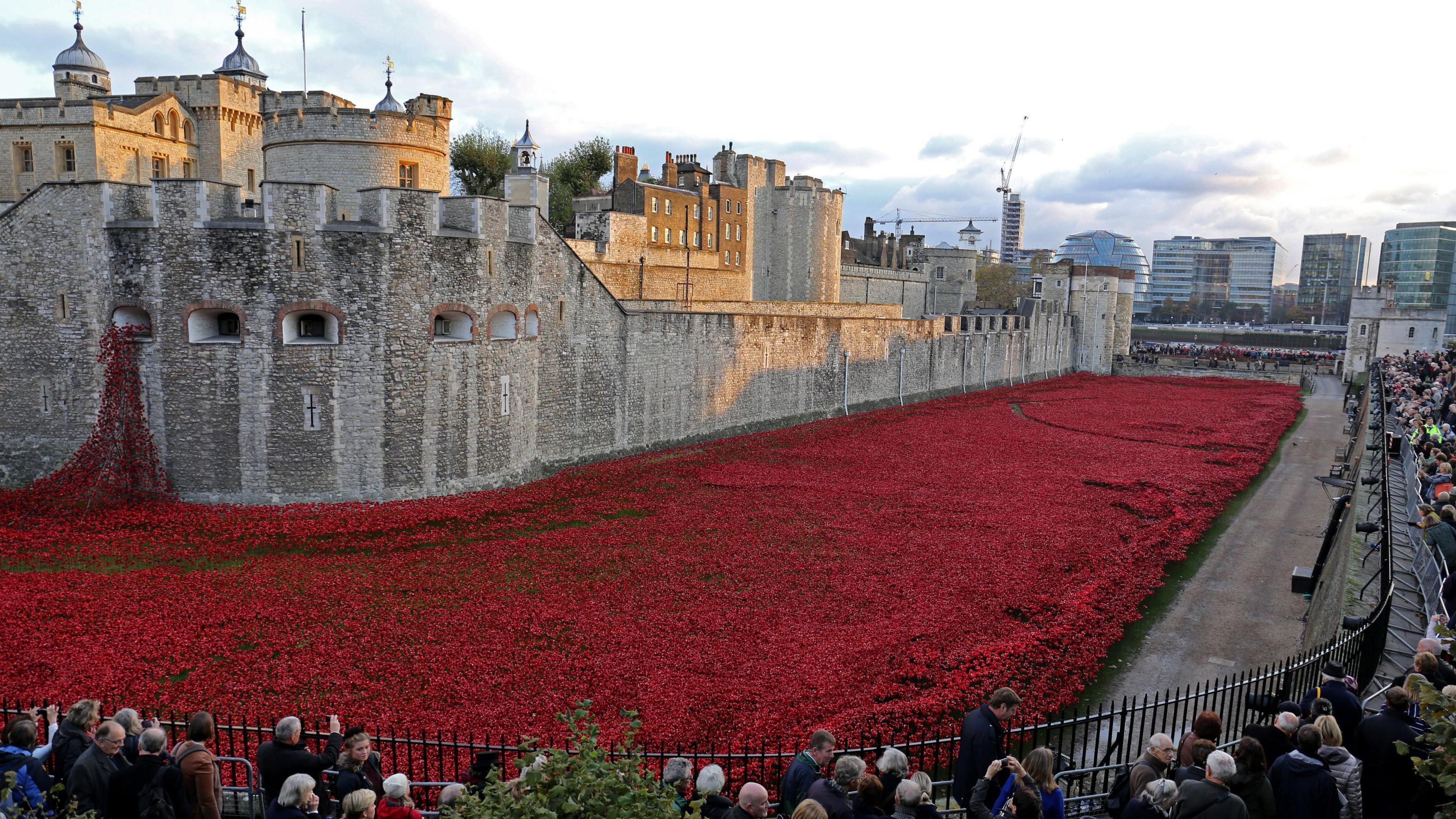 The public stop to look at the 2014 ceramic poppy display