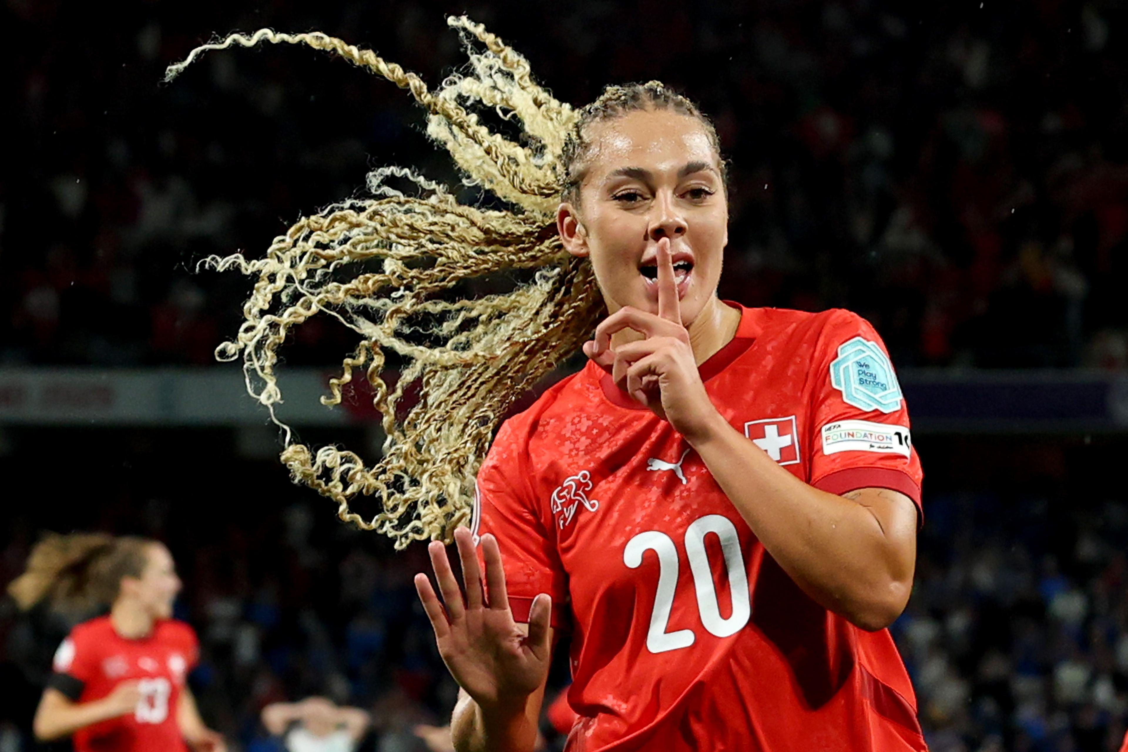 Switzerland's Alayah Pilgrim celebrates scoring her team's second goal during the match between Switzerland and Iceland in Bern, Switzerland. Photo by Alexander Hassenstein    July 06