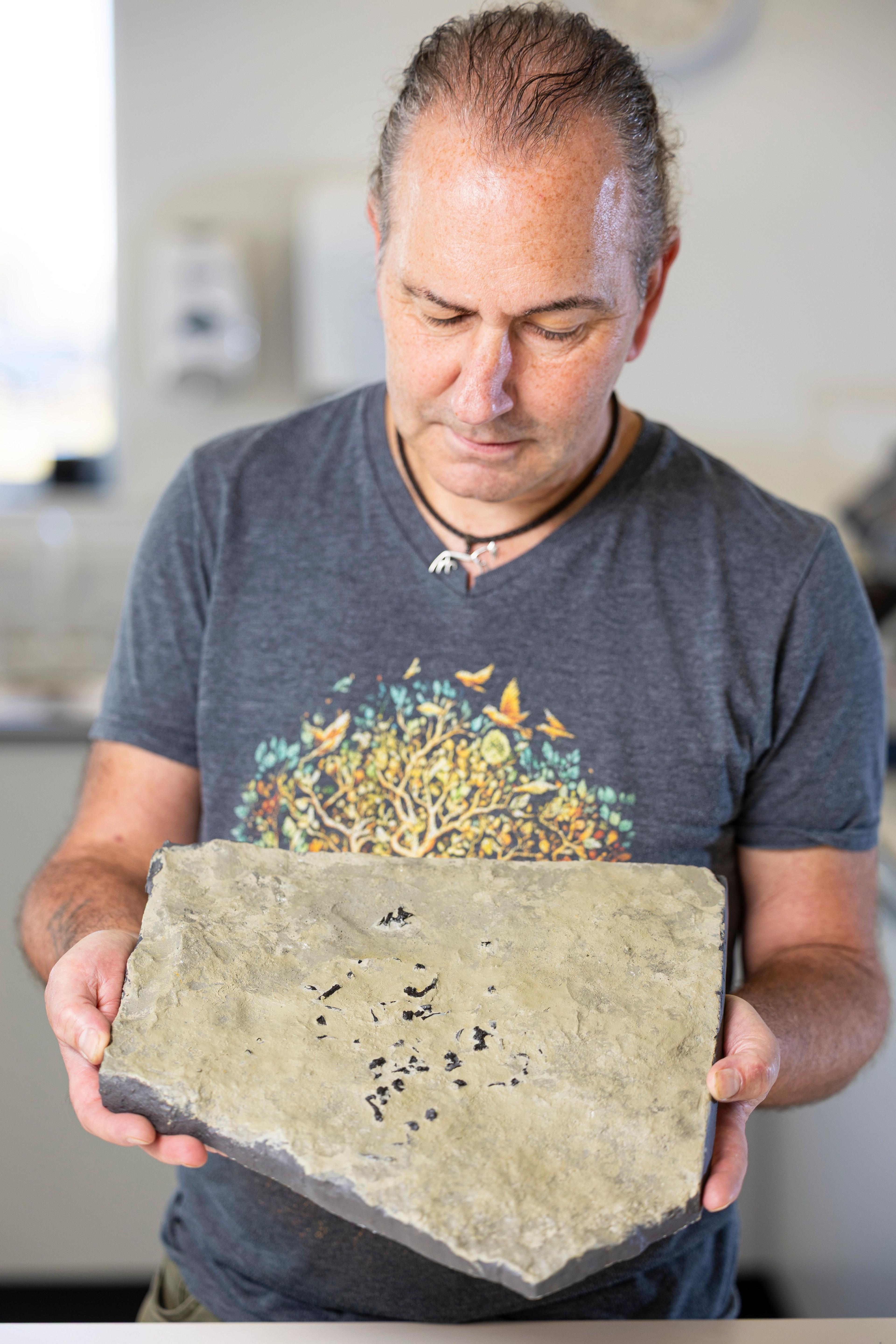 An Dr Stig Walsh le molldair fosail Breugnathair elgolensis 