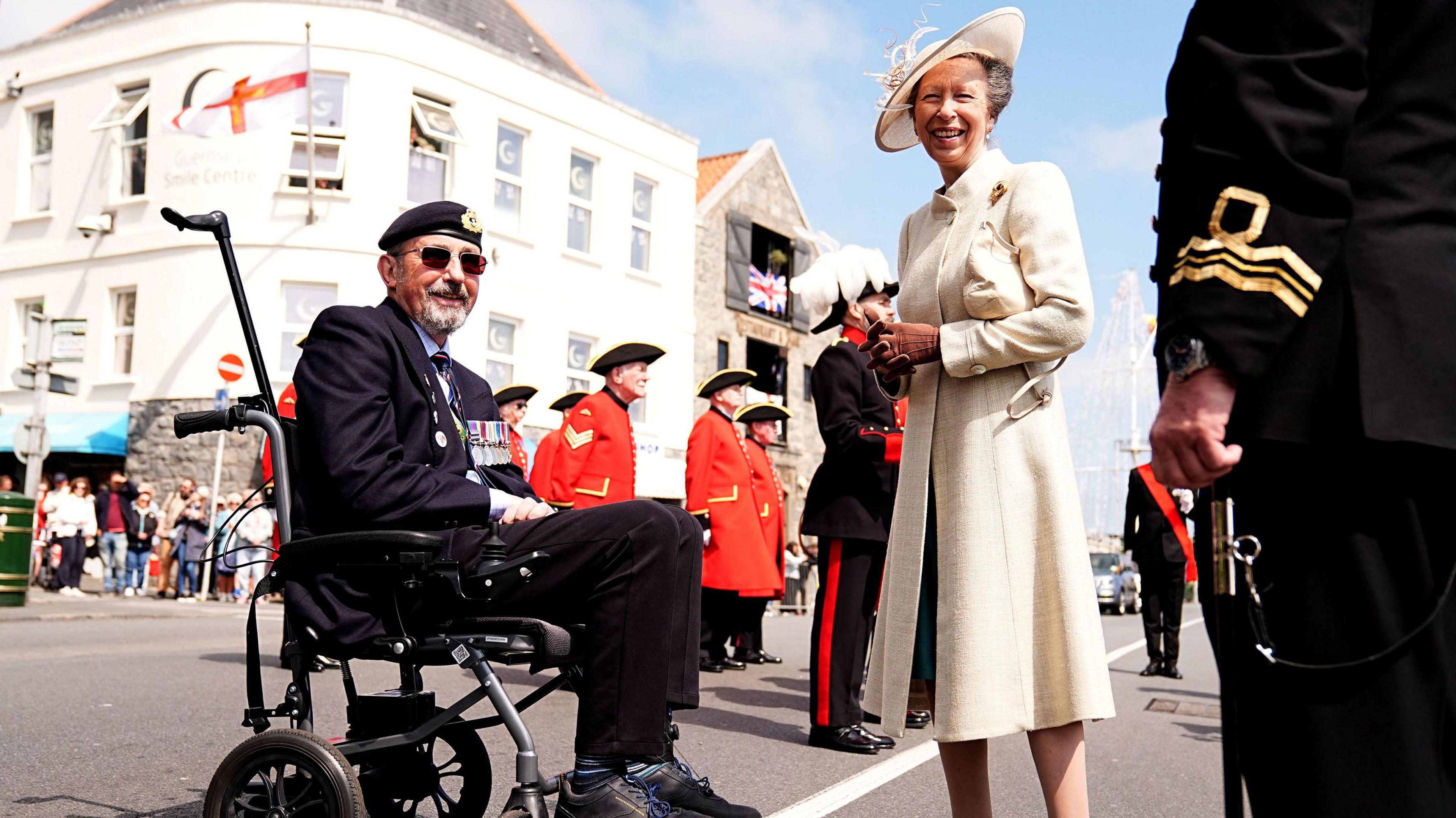 The Princess Royal meeting a veteran during a visit to St Peter Port, to attend commemorations in Guernsey.
