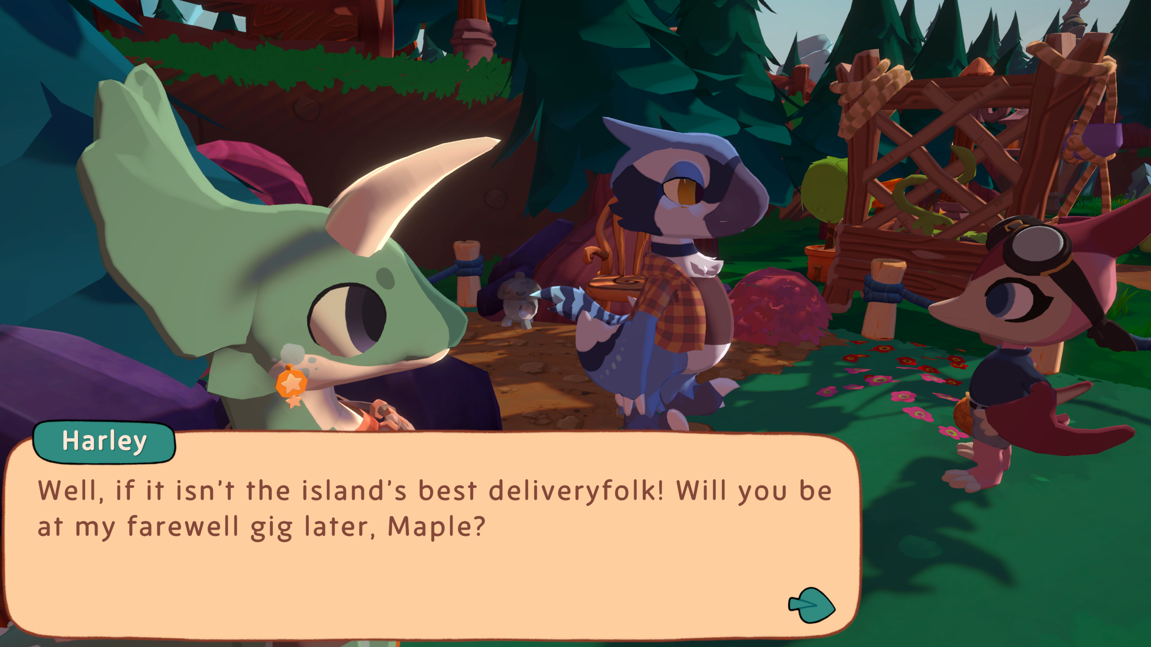 A screenshot from real game play. There are three characters engaged in an exchange. Each character is based on a dinosaur or prehistoric creature. There is a text box which reads: "Well, if it isn't the island's best deliveryfolk! Will you be at my farewell later, Maple?" 