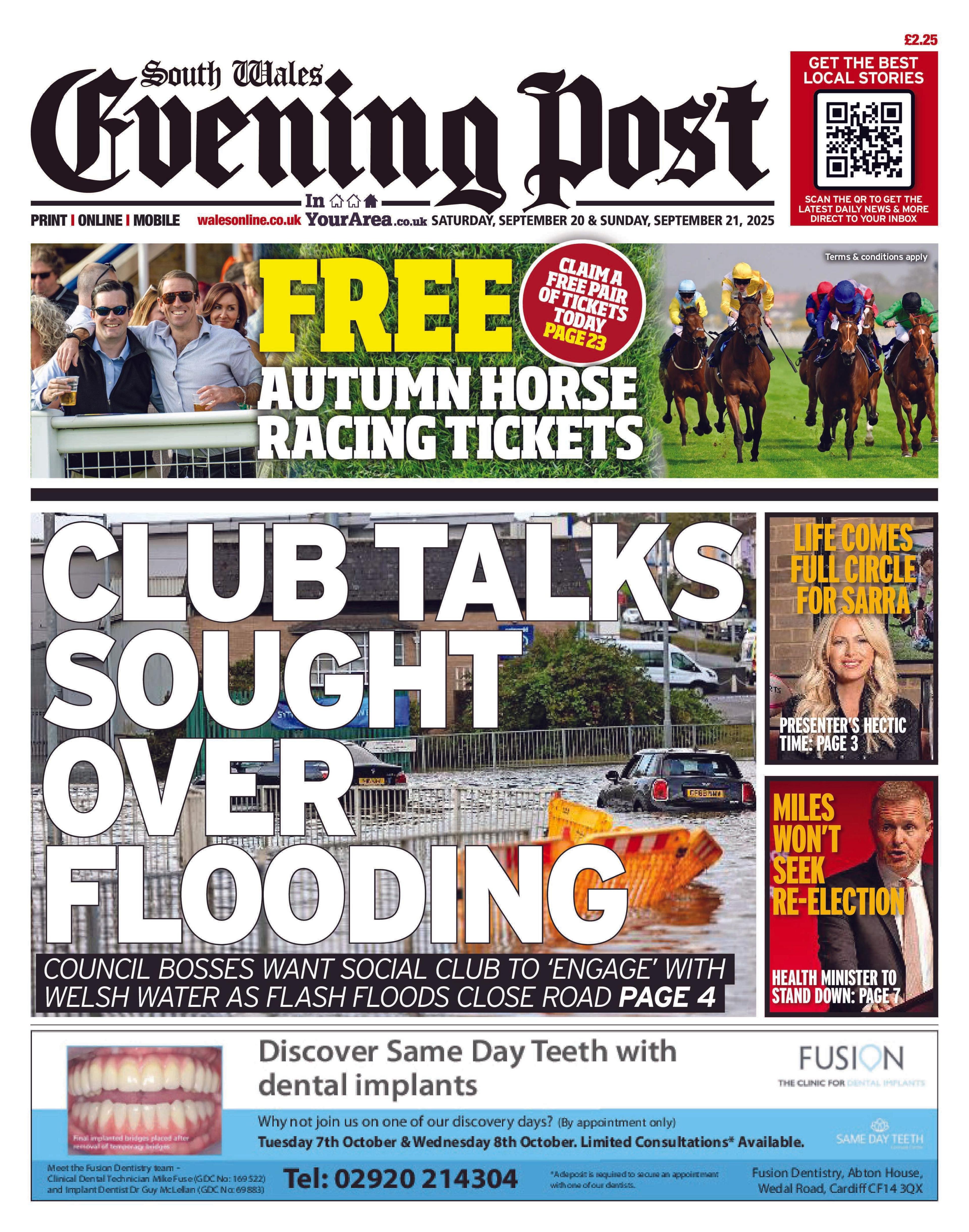 South Wales Evening Post newspaper front page shows main headline next to a photo of flooding: Club talks sought over flooding; Council bosses want social club to 'engage' with welsh water as flash floods close road. Other headlines on the front page are: Life comes full circle for Sara, Miles won't seek re-election.