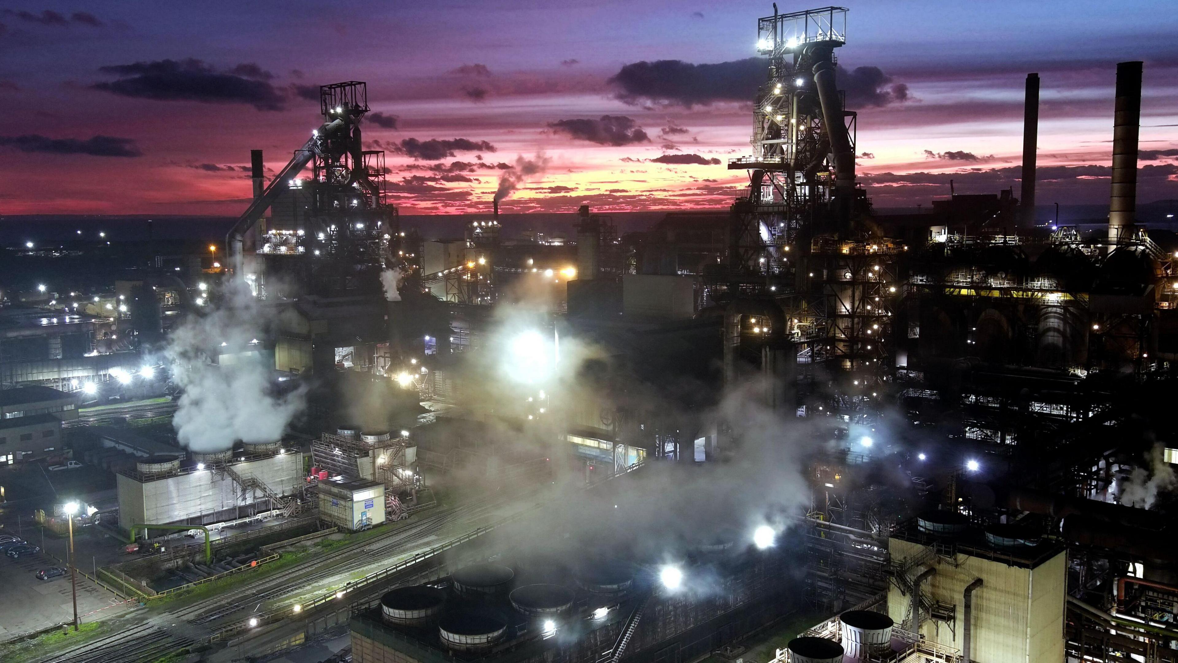 The blast furnaces at night at Tata's Port Talbot steelworks.