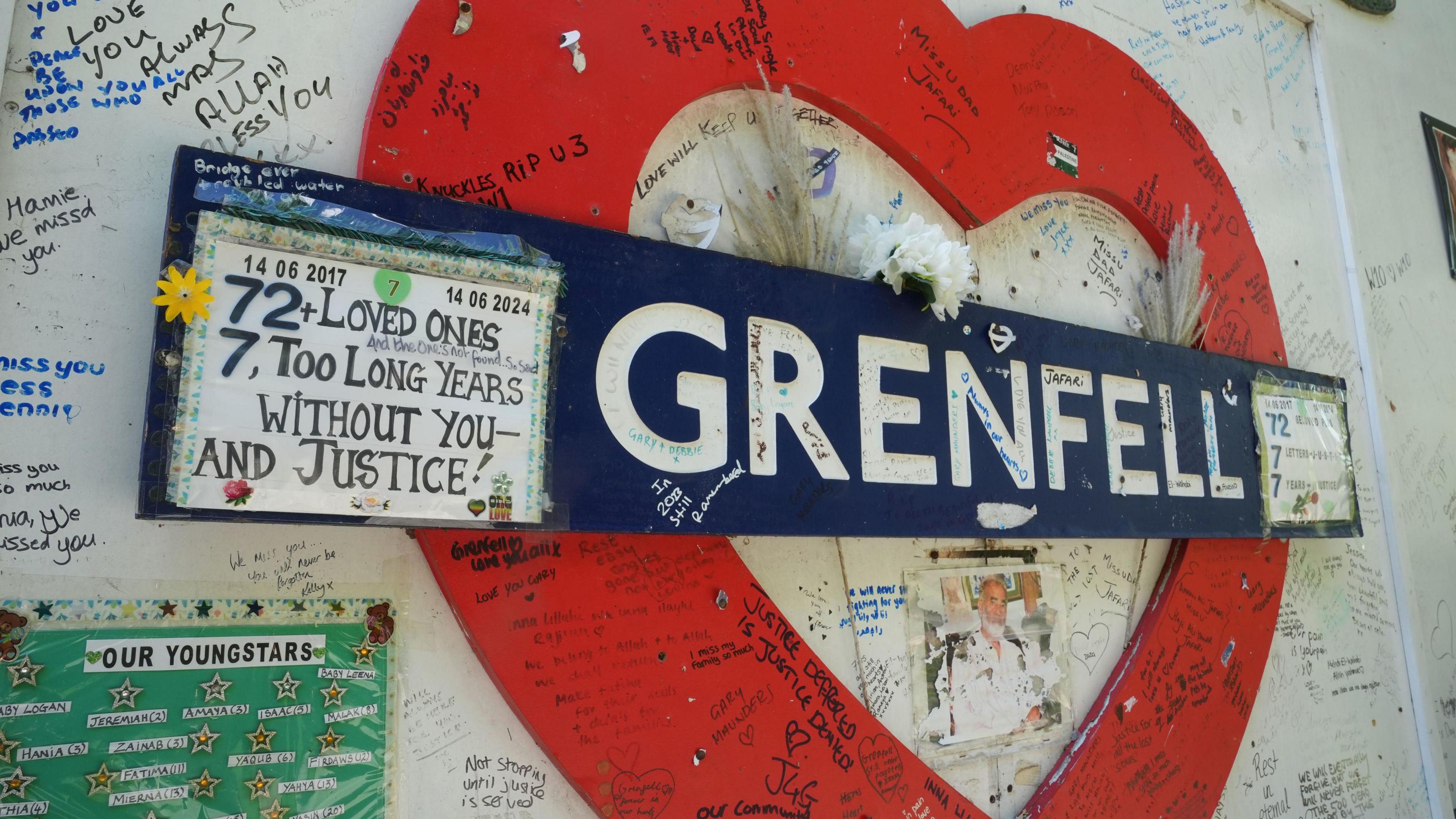 A sign that resembles a London Underground roundel that says Grenfell surrounded by messages written in pen, many expressing love for victims of the fire. 