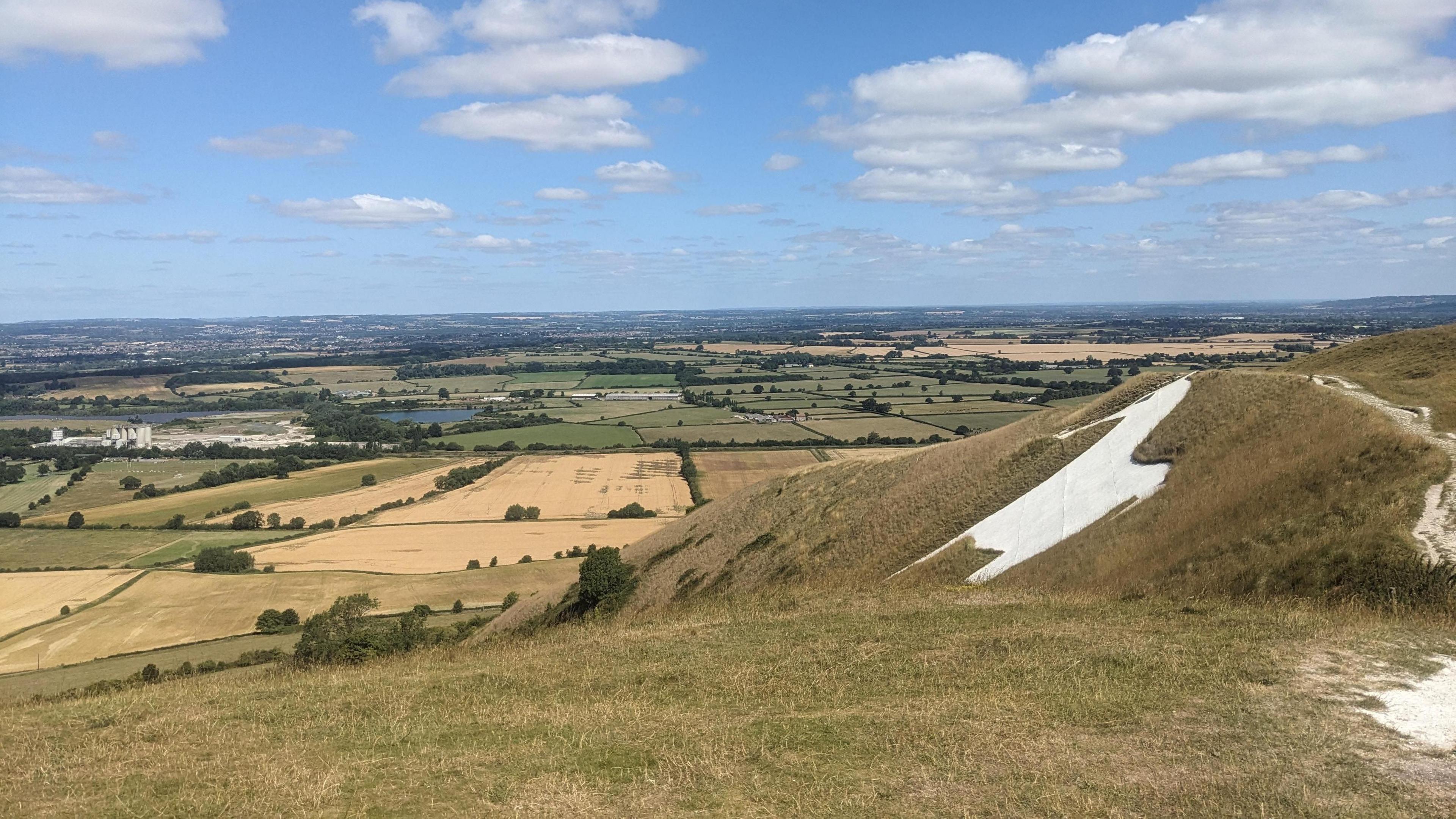 A white horse in chalk, carved into a hillside with fields extending as far as the eye can see in the distance.