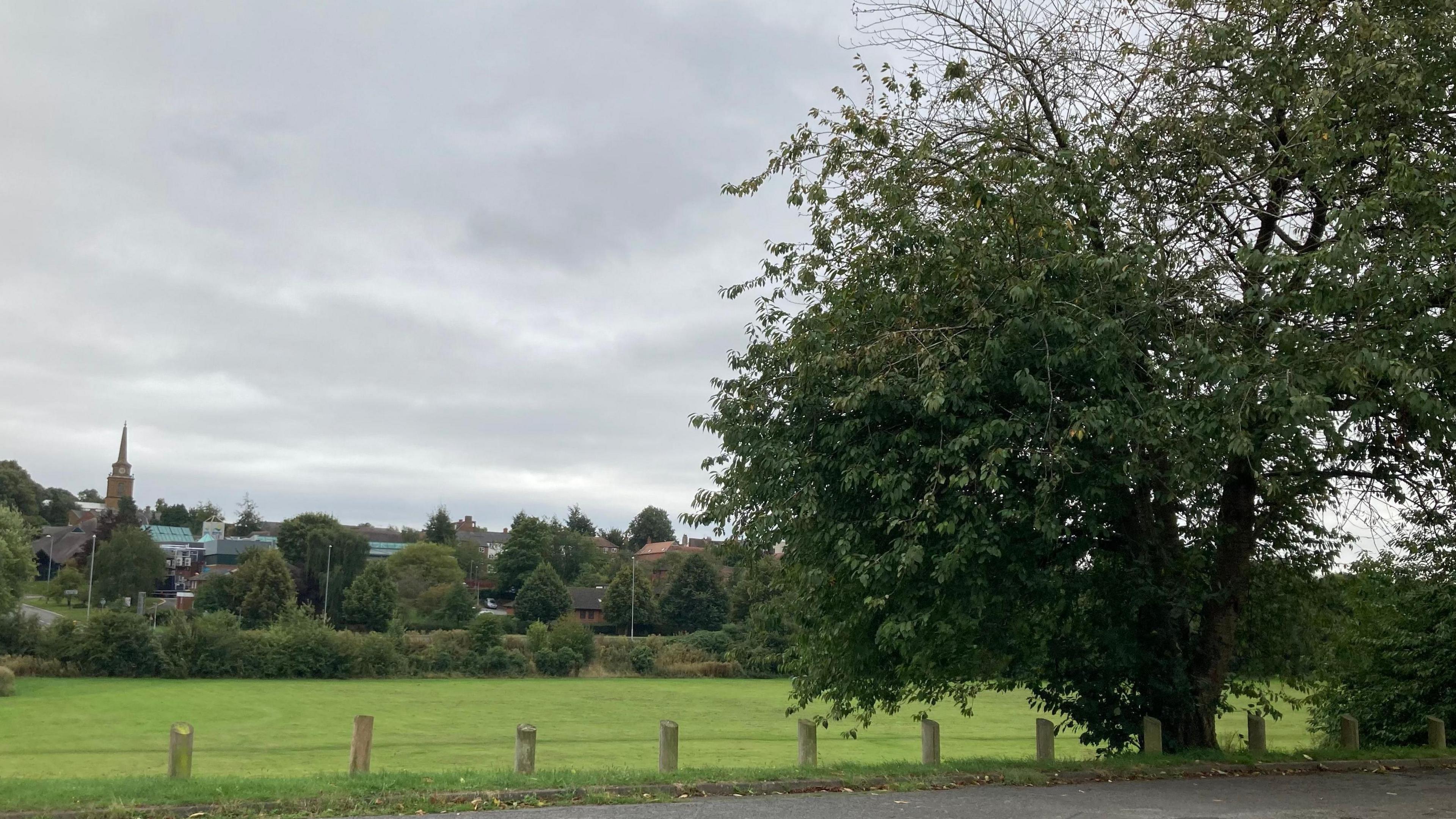 Grass park with tree and wooden posts in the foreground and church and other buildings in the background