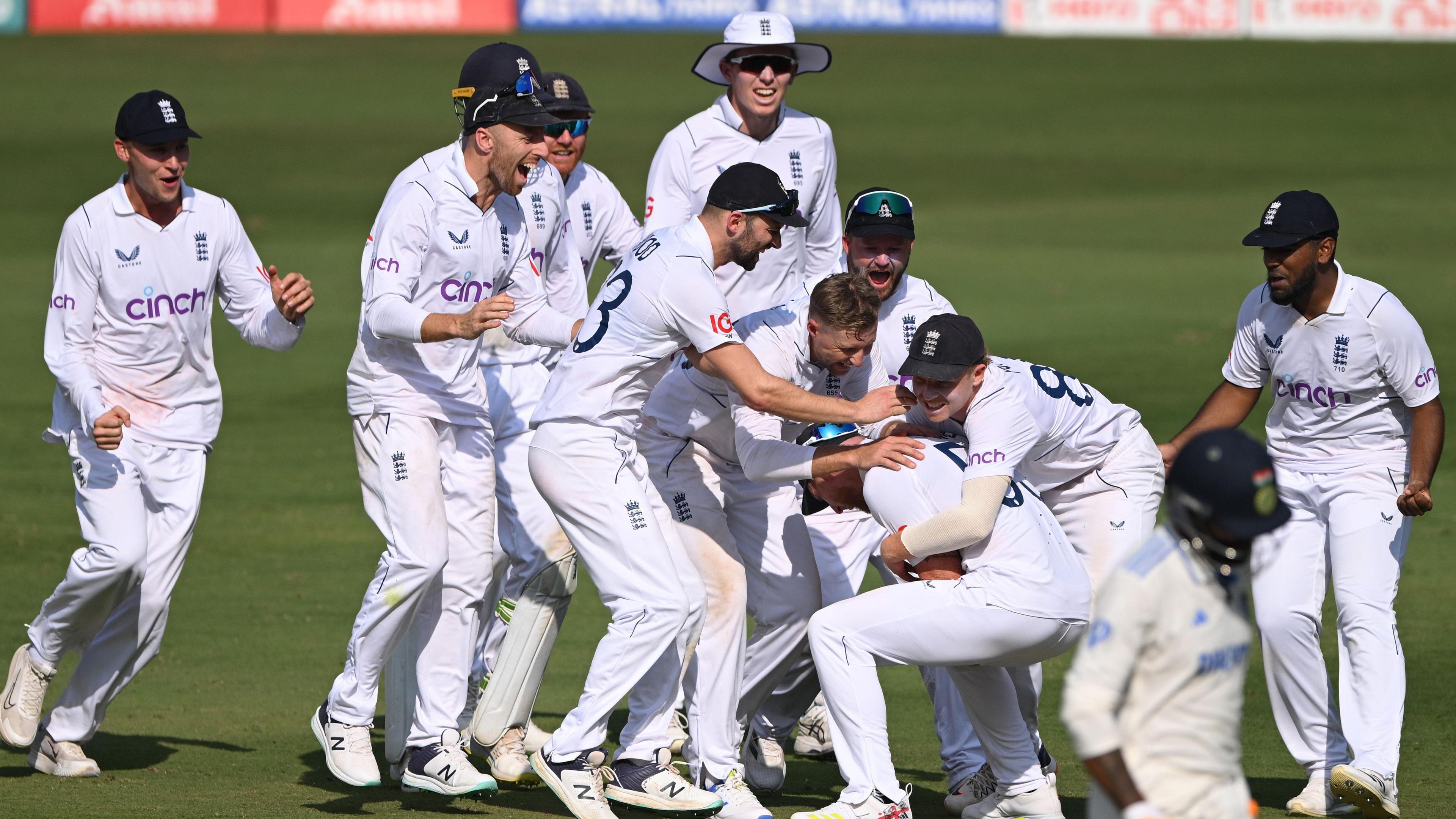 England players celebrate a wicket against India during first Test in Hyderabad in 2024