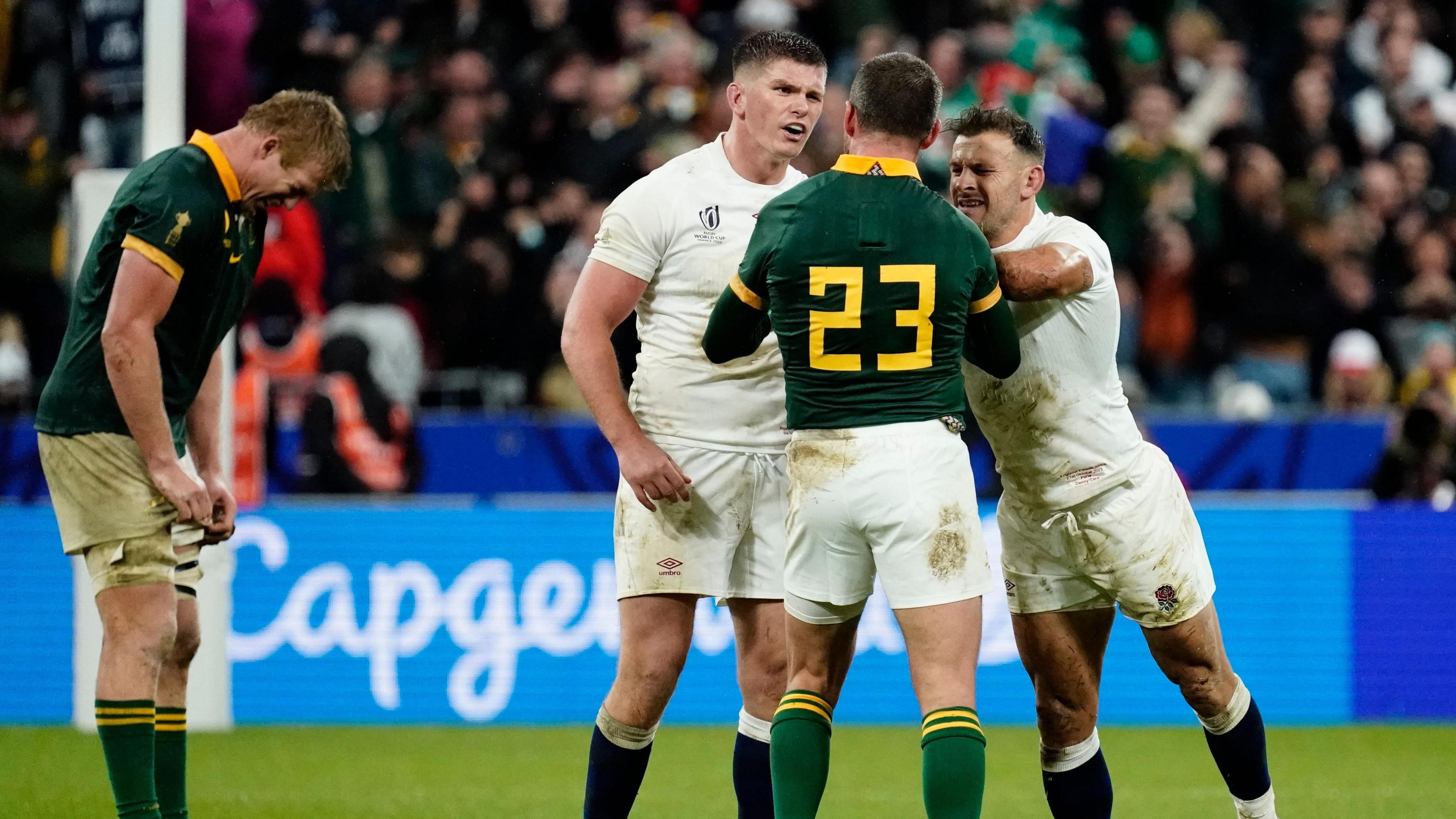 Owen Farrell and Danny Care after being goaded by Willie Le Roux